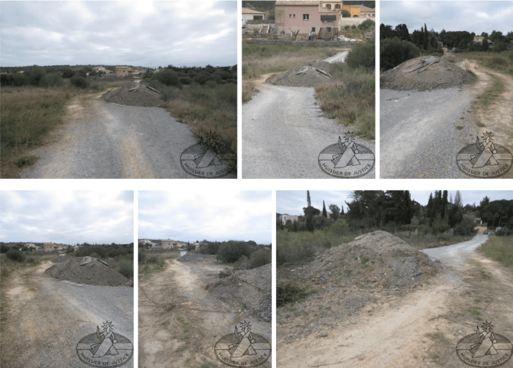 L’image montre plusieurs photos prises par un huissier de justice le 10 février 2022 des remblais de déchets polluants déversés par la commune de La Palme sur la parcelle A369. © SCP VUILLEMIN CHAZEL BOULEY 2022